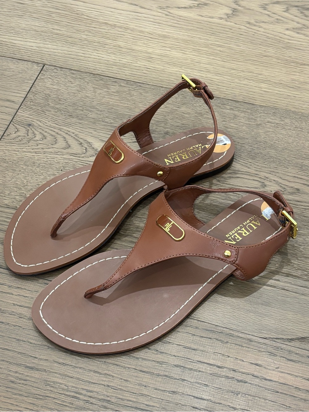 Lauren Ralph Lauren Ellington Leather Thong Sandals Brown Tan/Gold Size 7